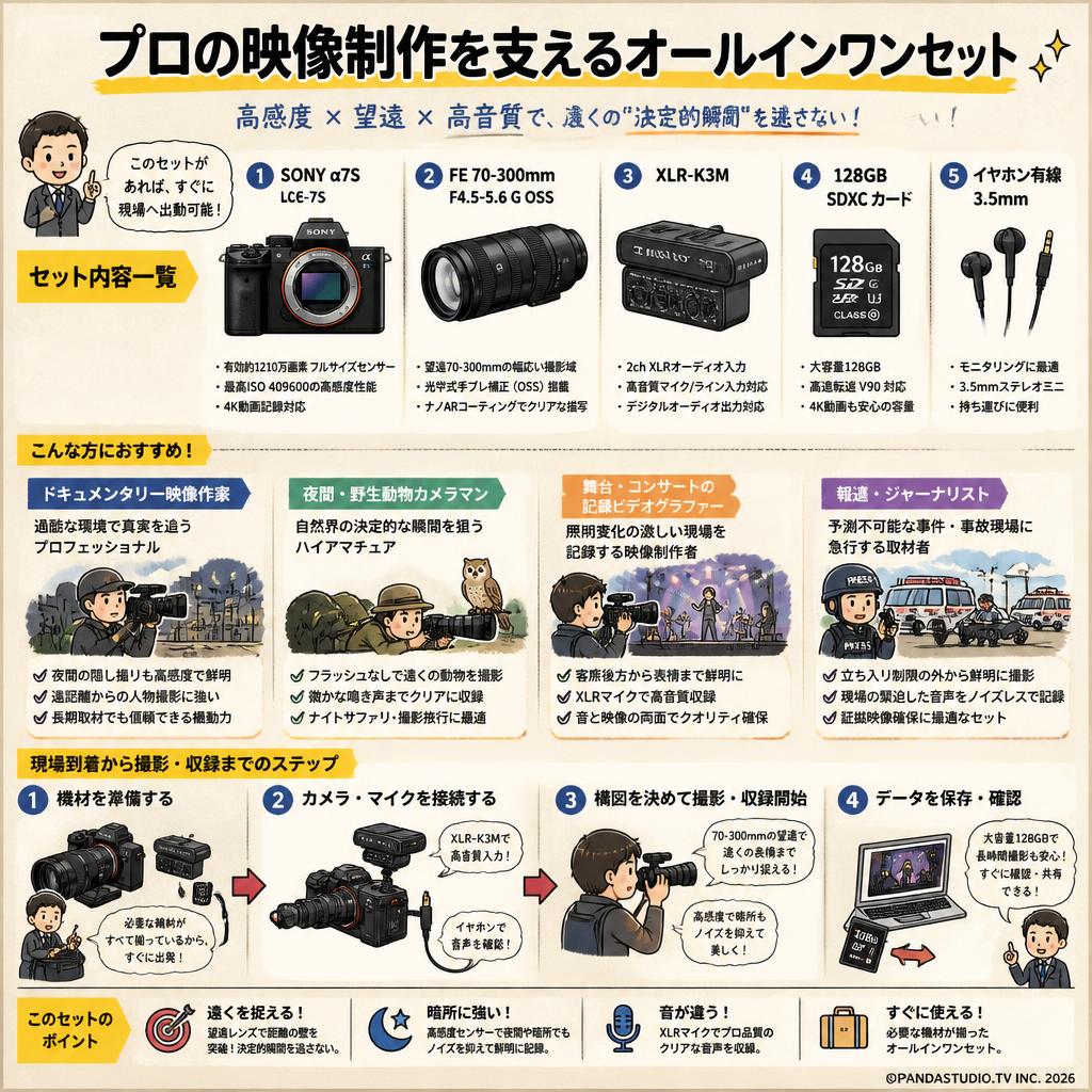 SONY α7S ILCE-7S / FE 70-300mm F4.5-5.6 G OSS / XLR-K3M / 128GB SDXC カード / イヤホン有線 3.5mmセット おもな対象のお客様