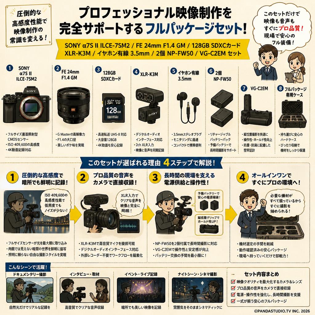 SONY α7S II ILCE-7SM2 / FE 24mm F1.4 GM / 128GB SDXC カード / XLR-K3M / イヤホン有線 3.5mm / 2個NP-FW50 / VG-C2EM セット 概要