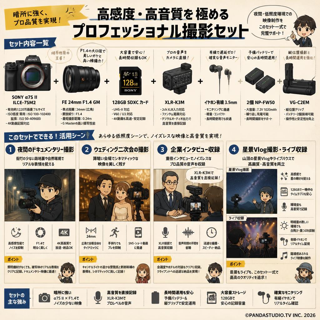 SONY α7S II ILCE-7SM2 / FE 24mm F1.4 GM / 128GB SDXC カード / XLR-K3M / イヤホン有線 3.5mm / 2個NP-FW50 / VG-C2EM セット 用途