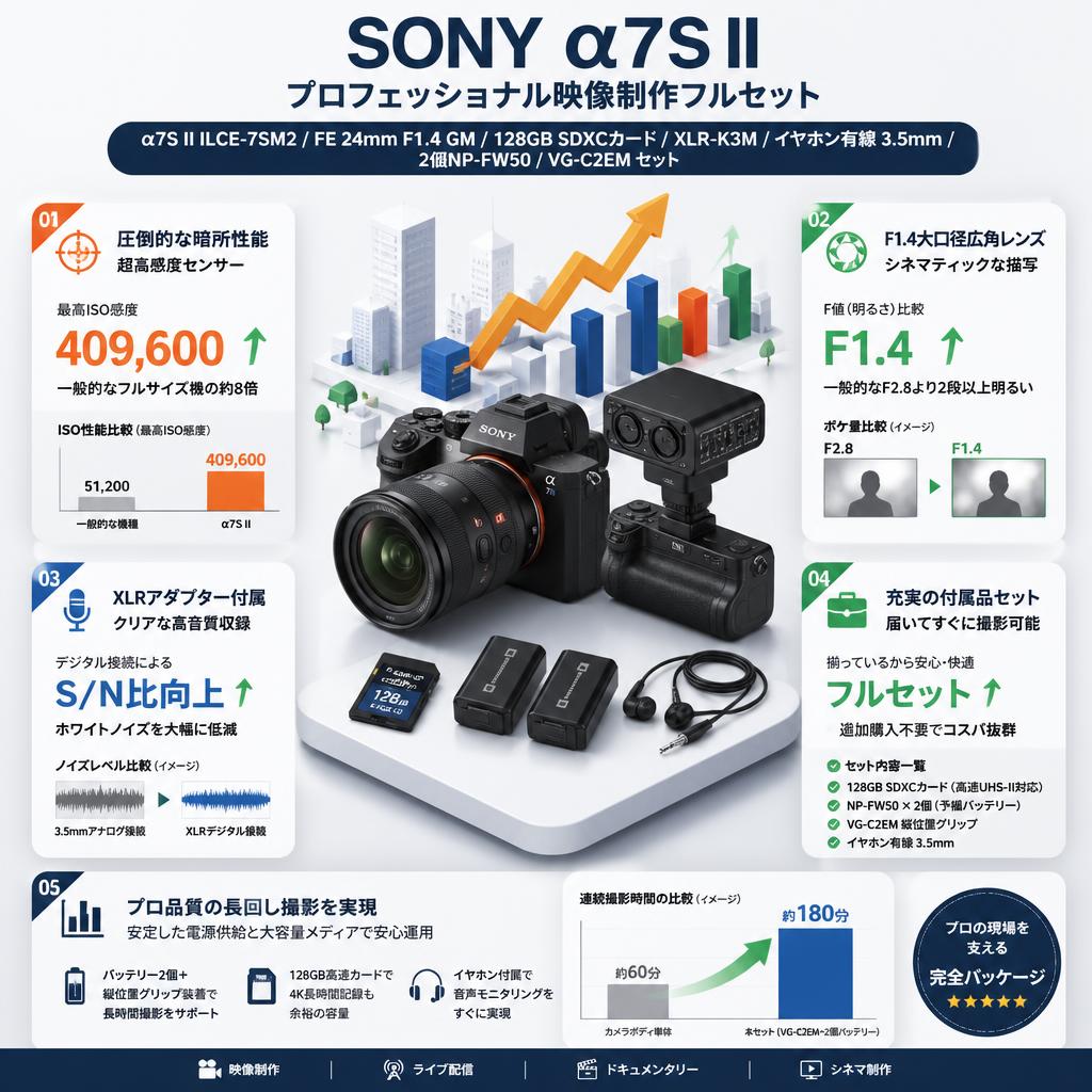 SONY α7S II ILCE-7SM2 / FE 24mm F1.4 GM / 128GB SDXC カード / XLR-K3M / イヤホン有線 3.5mm / 2個NP-FW50 / VG-C2EM セット セールスポイント