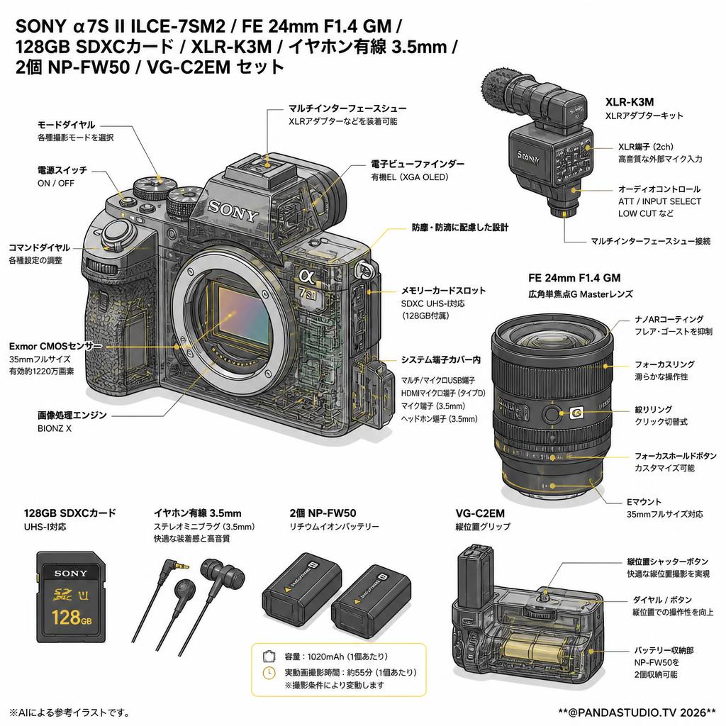 SONY α7S II ILCE-7SM2 / FE 24mm F1.4 GM / 128GB SDXC カード / XLR-K3M / イヤホン有線 3.5mm / 2個NP-FW50 / VG-C2EM セット スペック