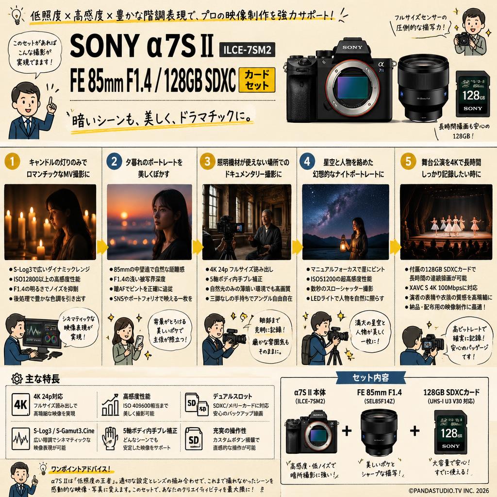 SONY α7S II ILCE-7SM2 / FE 85mm F1.4 / 128GBSDXC カードセット 用途