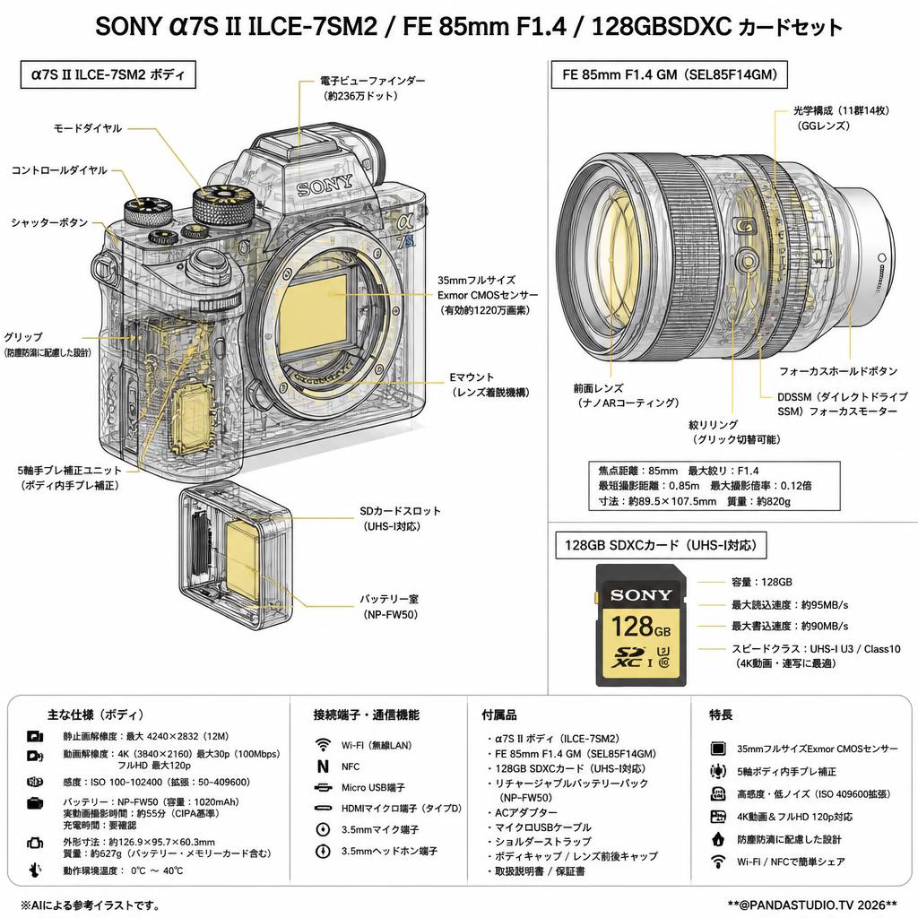 SONY α7S II ILCE-7SM2 / FE 85mm F1.4 / 128GBSDXC カードセット スペック