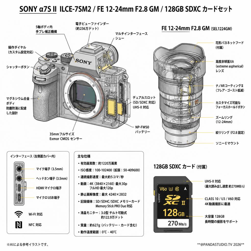 SONY α7S II  ILCE-7SM2 / FE 12-24mm F2.8 GM / 128GB SDXC カードセット スペック