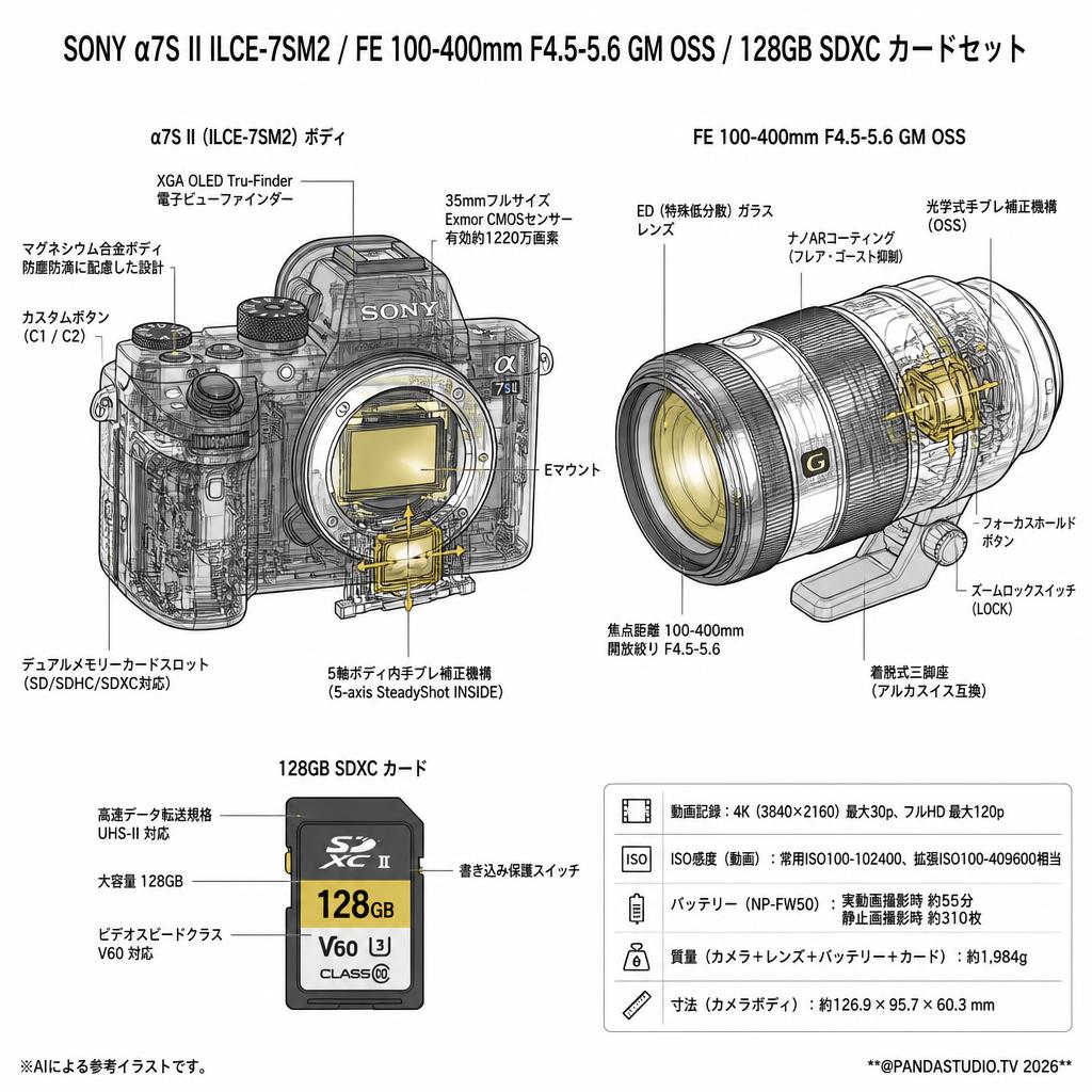 SONY α7S II  ILCE-7SM2 / FE 100-400mm F4.5-5.6 GM OSS / 128GB SDXC カードセット スペック