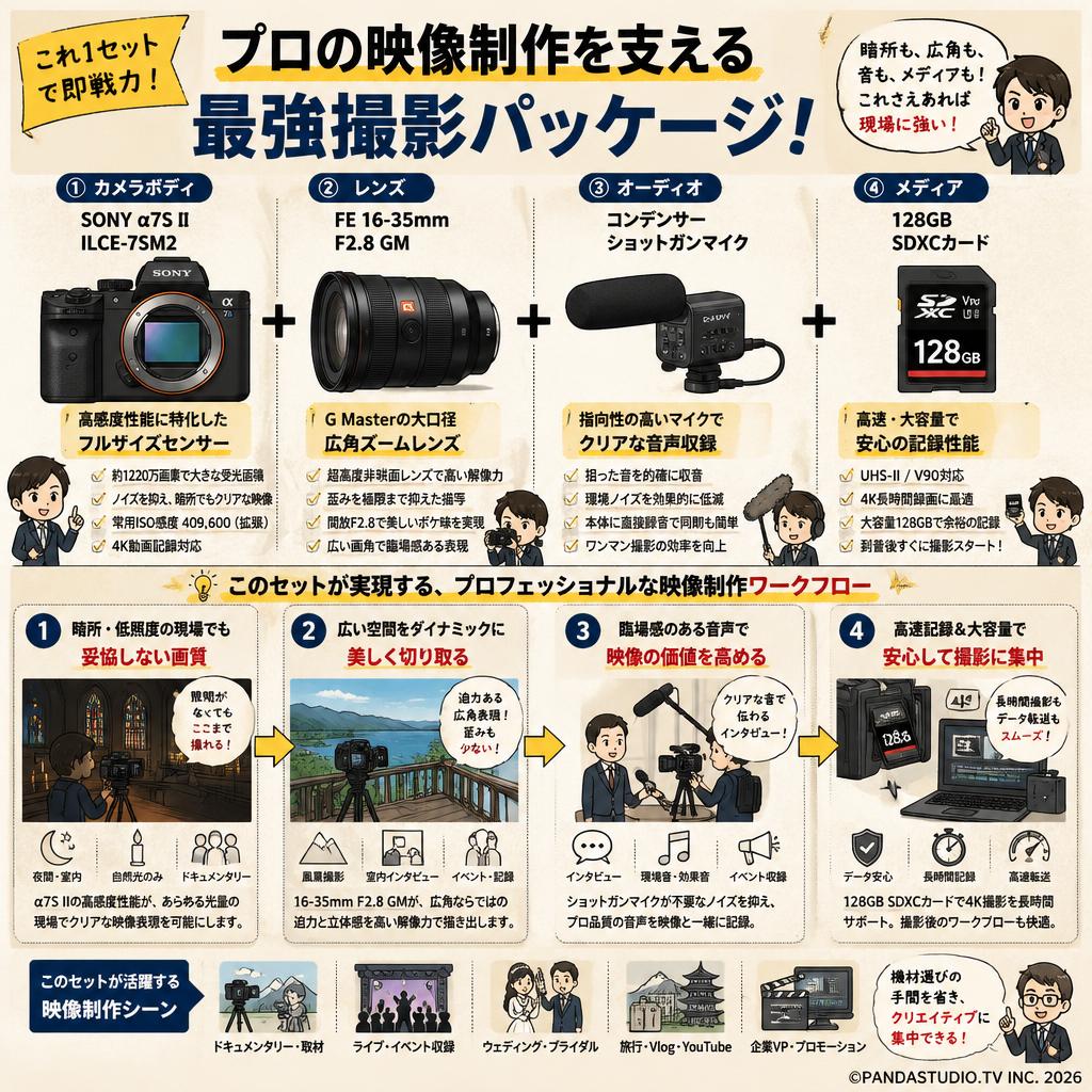 SONY α7S II ILCE-7SM2 / FE 16-35mm F2.8 GM / コンデンサーショットガンマイク / 128GB SDXC カードセット 概要