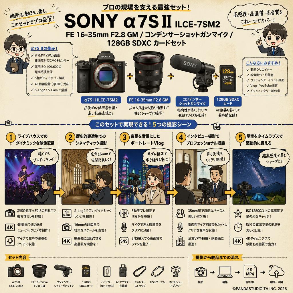 SONY α7S II ILCE-7SM2 / FE 16-35mm F2.8 GM / コンデンサーショットガンマイク / 128GB SDXC カードセット 用途