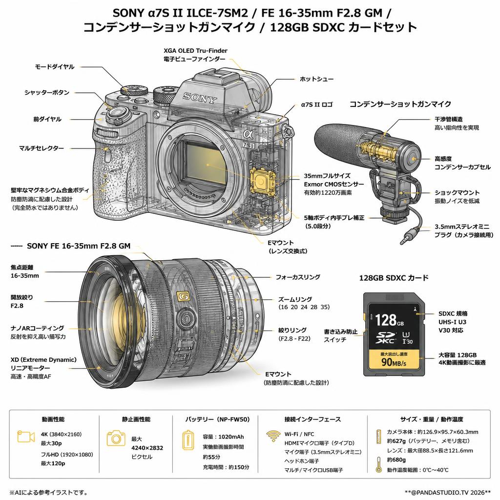 SONY α7S II ILCE-7SM2 / FE 16-35mm F2.8 GM / コンデンサーショットガンマイク / 128GB SDXC カードセット スペック