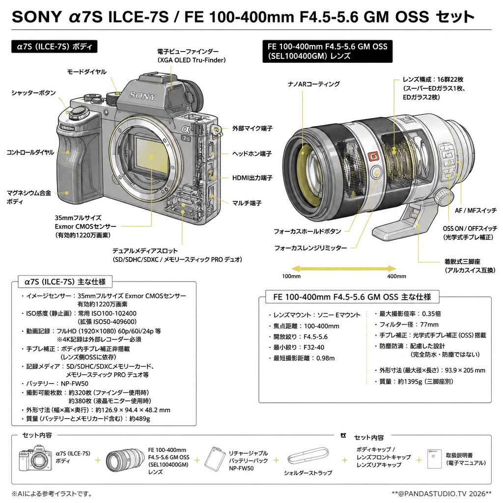 SONY α7S ILCE-7S / FE 100-400mm F4.5-5.6 GM OSS セット スペック