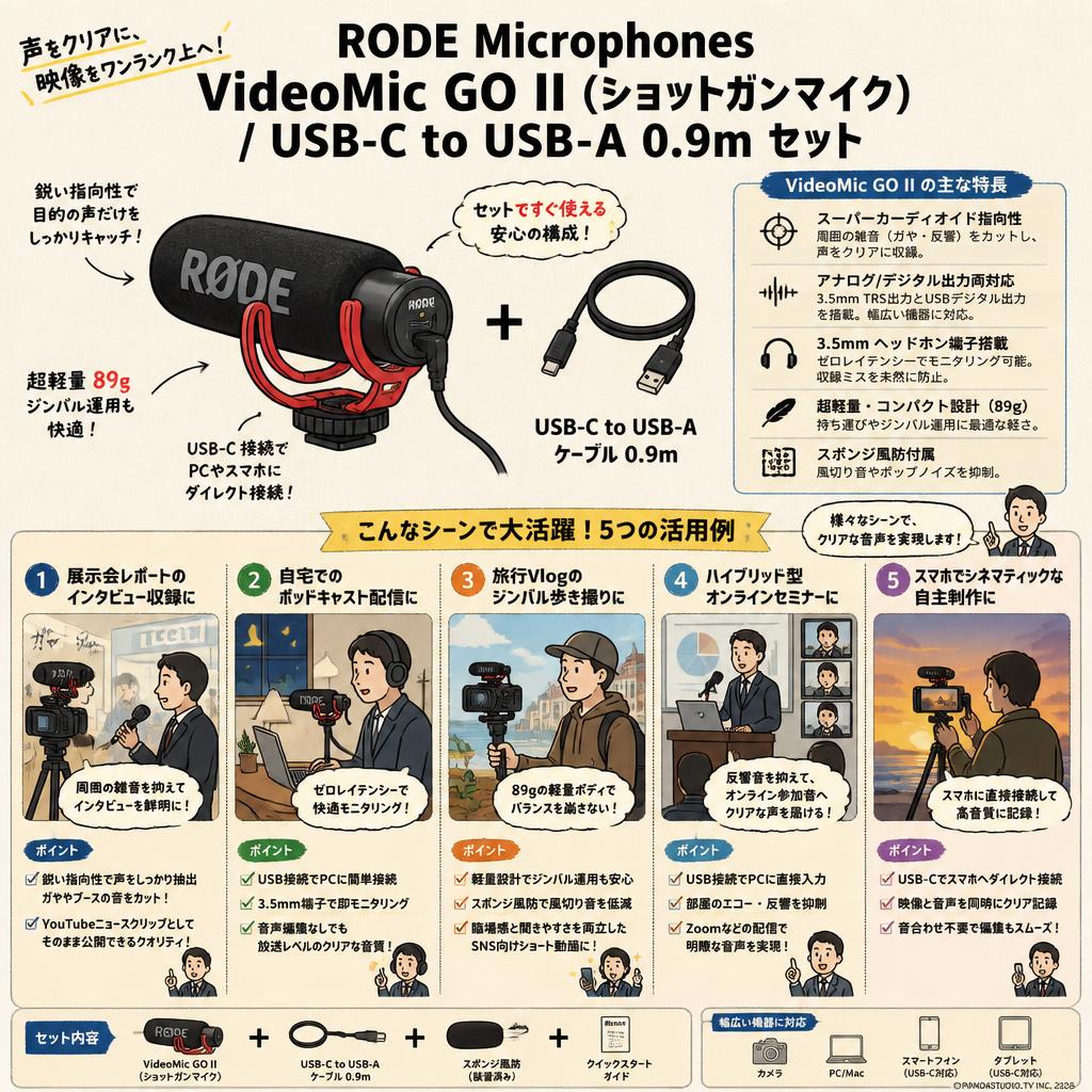 RODE Microphones VideoMic GO II (ショットガンマイク) / USB-C to USB-A 0.9m セット 用途
