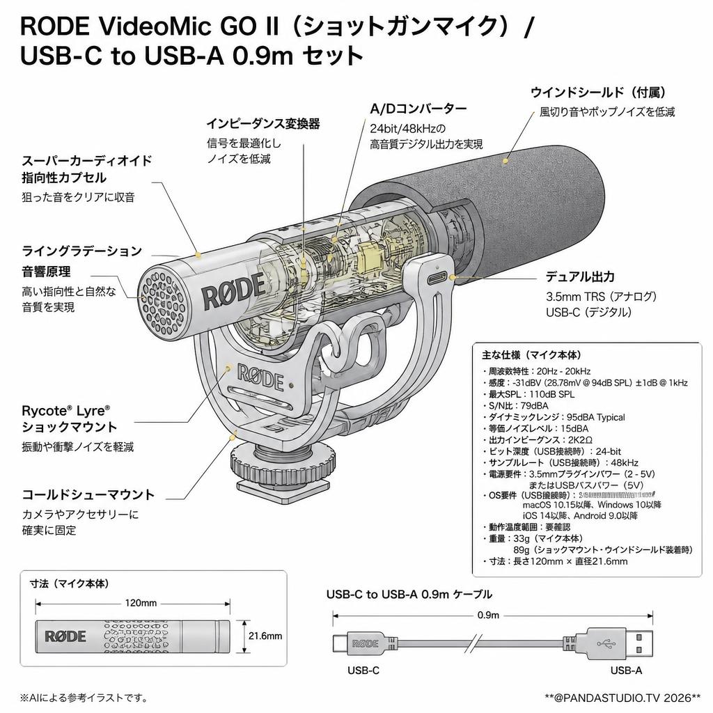 RODE Microphones VideoMic GO II (ショットガンマイク) / USB-C to USB-A 0.9m セット スペック