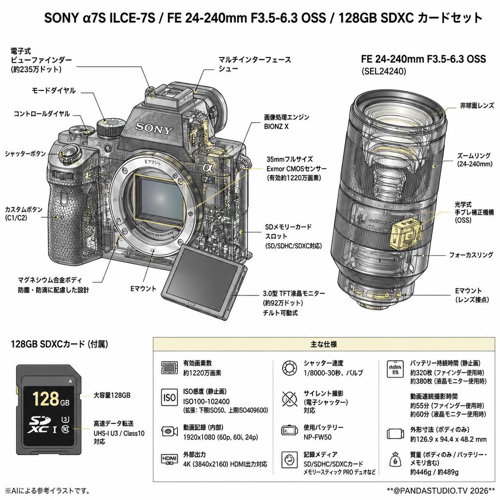 SONY α7S ILCE-7S / FE 24-240mm F3.5-6.3 OSS / 128GB SDXC カードセット スペック