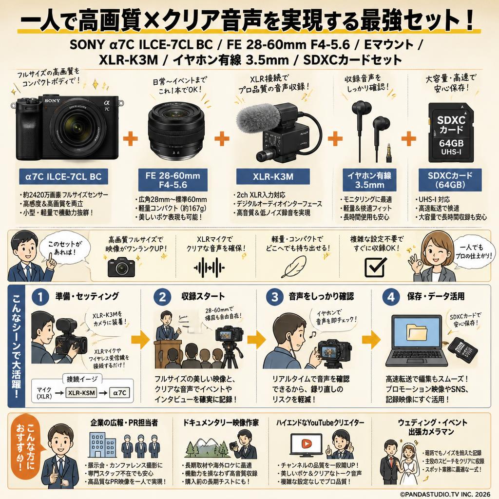 SONY α7C ILCE-7CL BC / FE 28-60mm F4-5.6 Eマウント /XLR-K3M / イヤホン有線 3.5mm / SDXC カードセット おもな対象のお客様