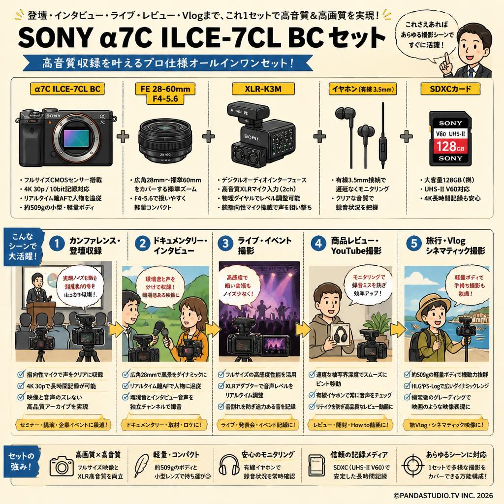 SONY α7C ILCE-7CL BC / FE 28-60mm F4-5.6 Eマウント /XLR-K3M / イヤホン有線 3.5mm / SDXC カードセット 用途