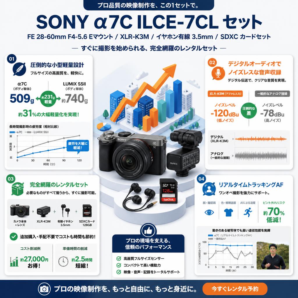 SONY α7C ILCE-7CL BC / FE 28-60mm F4-5.6 Eマウント /XLR-K3M / イヤホン有線 3.5mm / SDXC カードセット セールスポイント