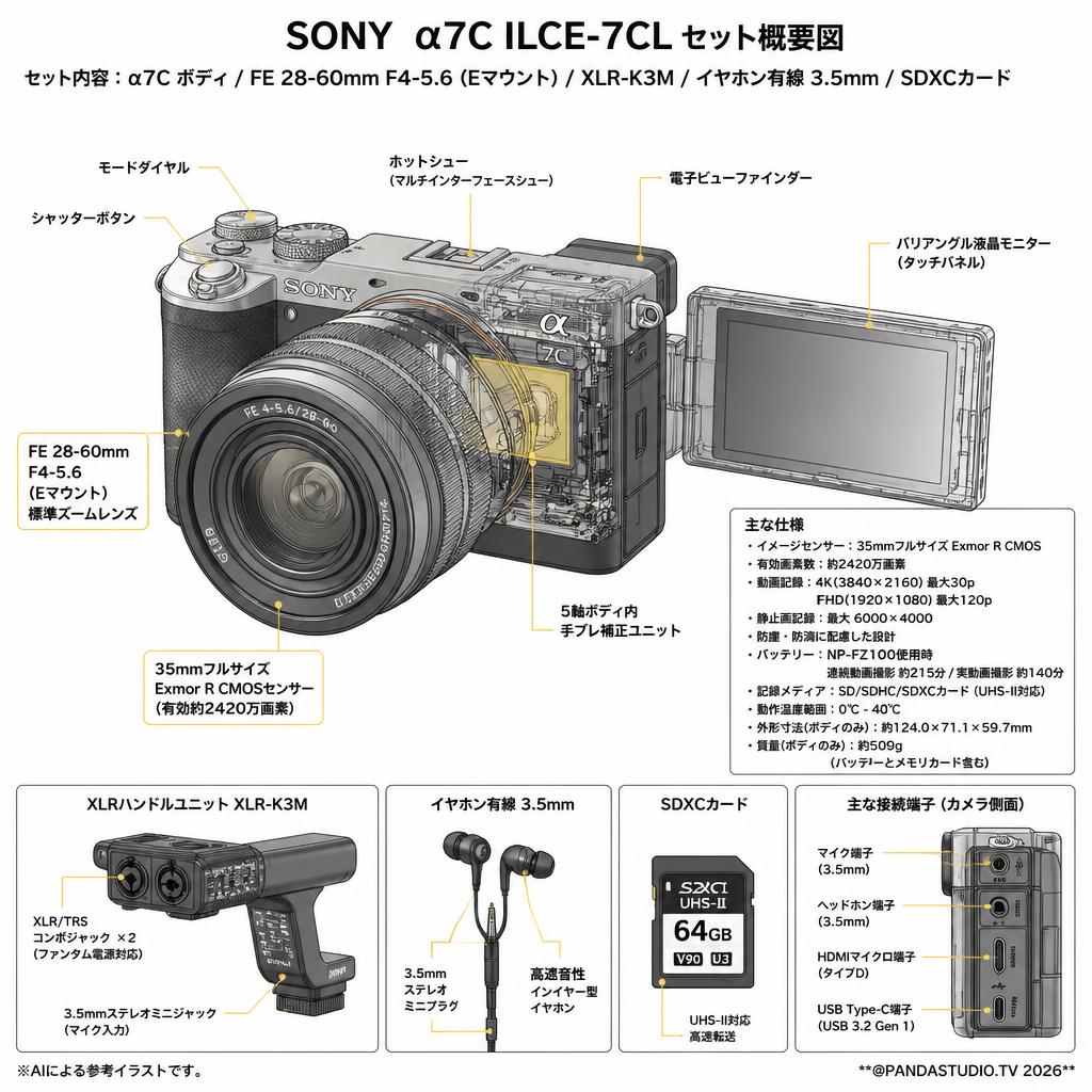 SONY α7C ILCE-7CL BC / FE 28-60mm F4-5.6 Eマウント /XLR-K3M / イヤホン有線 3.5mm / SDXC カードセット スペック