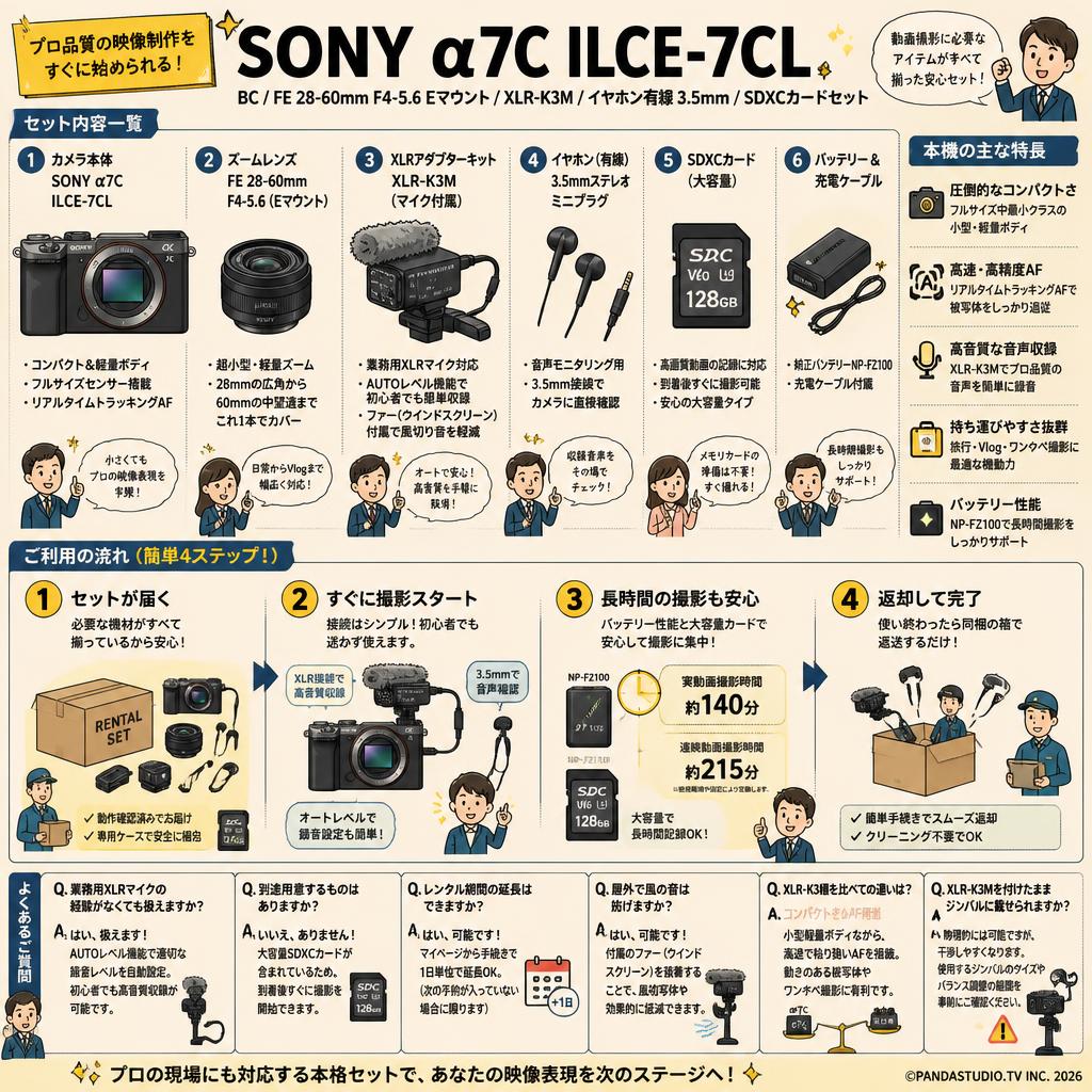 SONY α7C ILCE-7CL BC / FE 28-60mm F4-5.6 Eマウント /XLR-K3M / イヤホン有線 3.5mm / SDXC カードセット FAQ（よくある質問と答え）