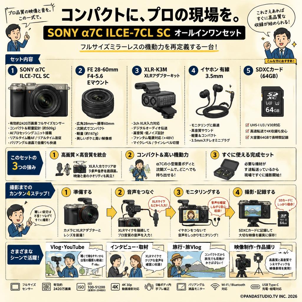 SONY α7C ILCE-7CL SC / FE 28-60mm F4-5.6 Eマウント / XLR-K3M / イヤホン有線 3.5mm / SDXC カードセット 概要