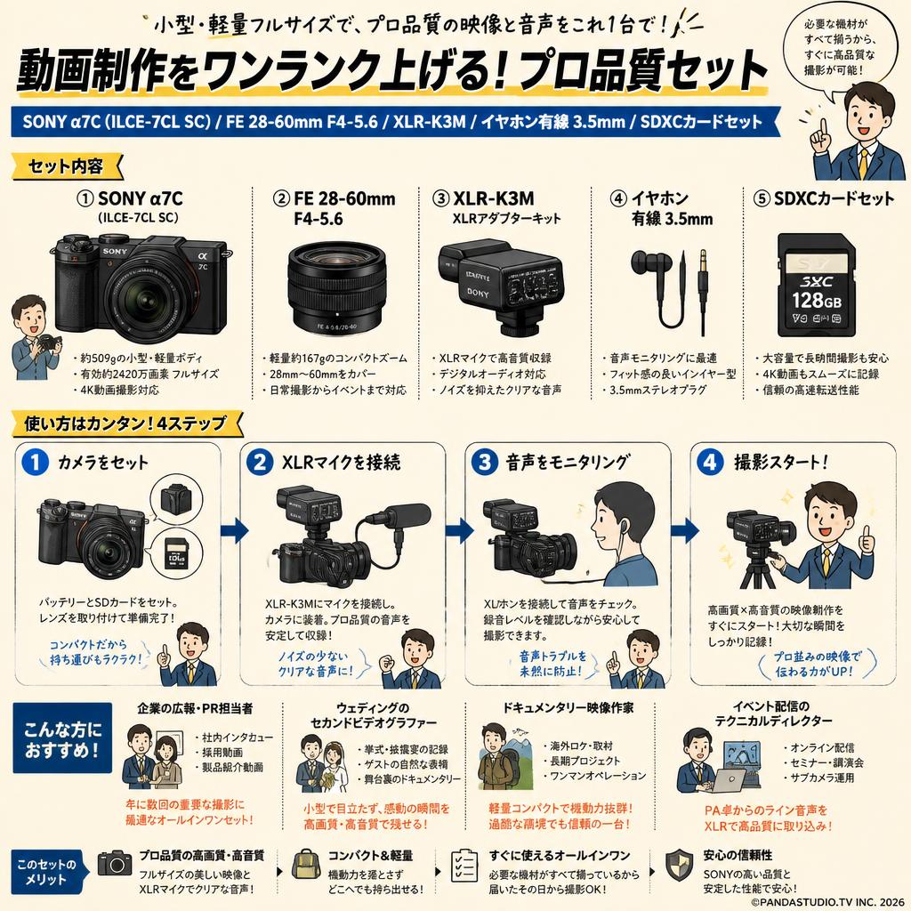SONY α7C ILCE-7CL SC / FE 28-60mm F4-5.6 Eマウント / XLR-K3M / イヤホン有線 3.5mm / SDXC カードセット おもな対象のお客様