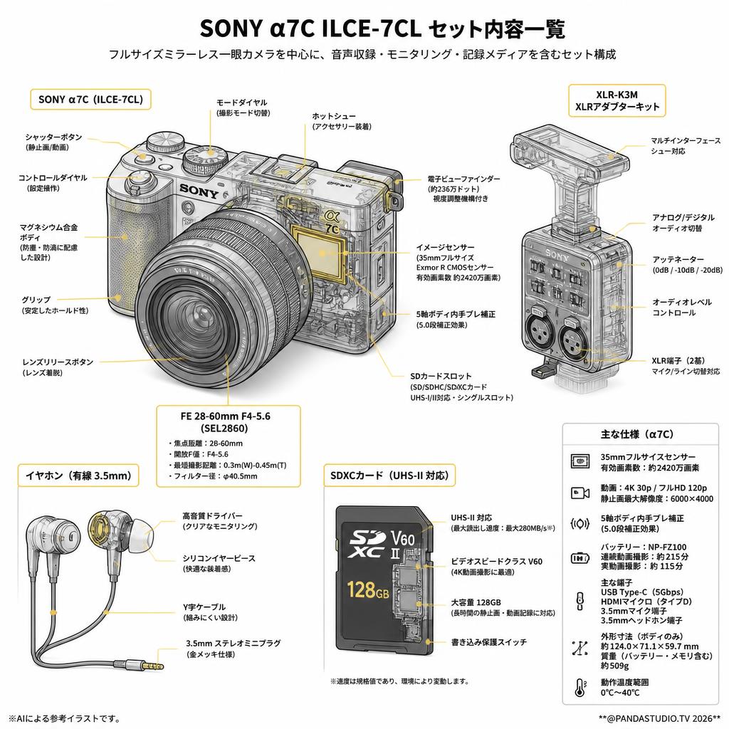 SONY α7C ILCE-7CL SC / FE 28-60mm F4-5.6 Eマウント / XLR-K3M / イヤホン有線 3.5mm / SDXC カードセット スペック
