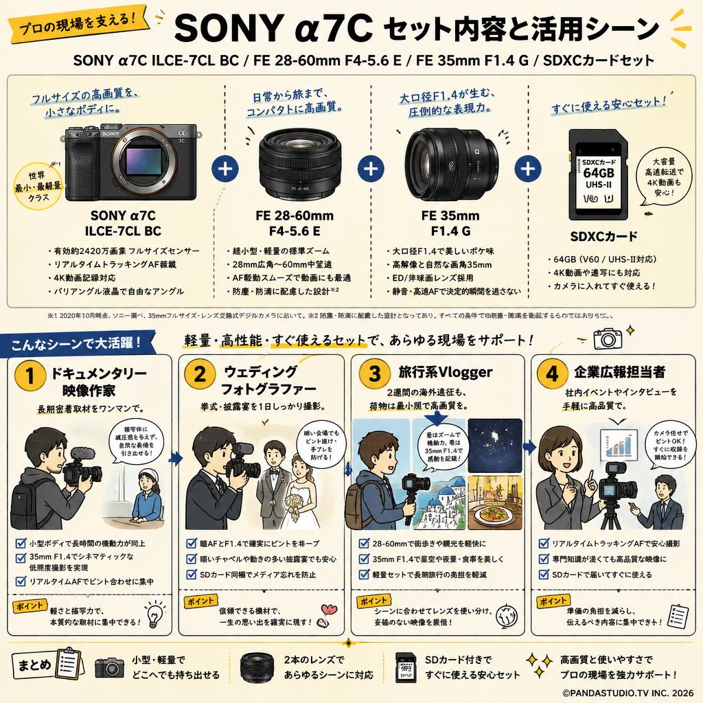 SONY α7C ILCE-7CL BC / FE 28-60mm F4-5.6 E / FE 35mm F1.4 G / SDXC カードセット おもな対象のお客様