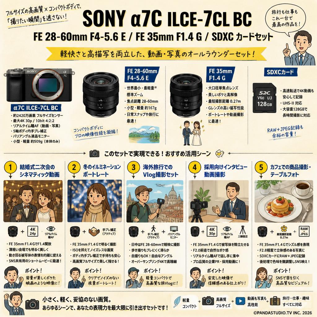 SONY α7C ILCE-7CL BC / FE 28-60mm F4-5.6 E / FE 35mm F1.4 G / SDXC カードセット 用途
