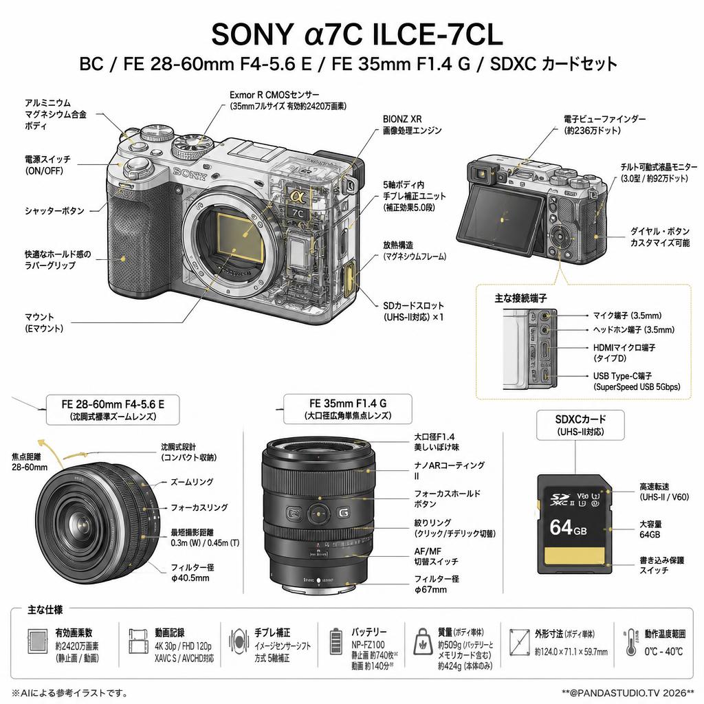 SONY α7C ILCE-7CL BC / FE 28-60mm F4-5.6 E / FE 35mm F1.4 G / SDXC カードセット スペック