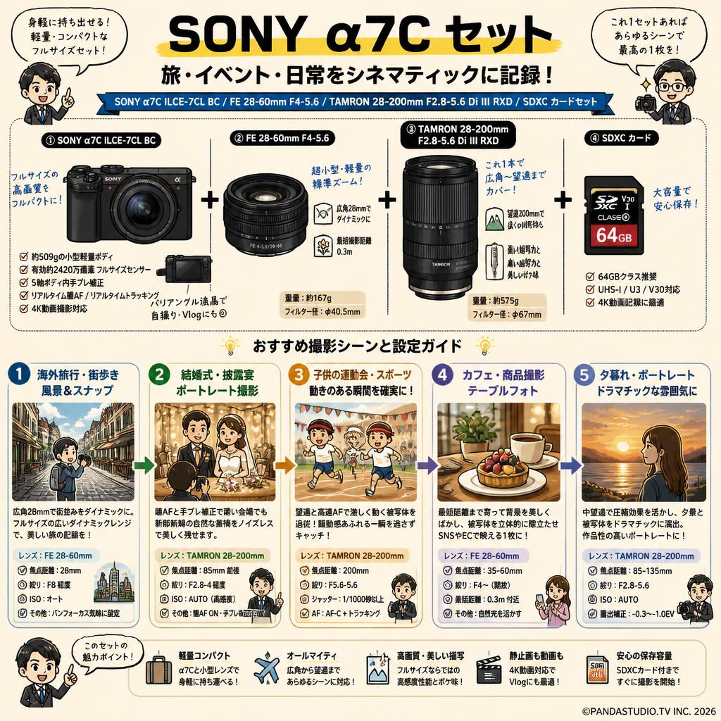 SONY α7C ILCE-7CL BC/ FE 28-60mm F4-5.6 Eマウント / TAMRON 28-200mm F2.8-5.6 Di III RXD / SDXC カードセット 用途