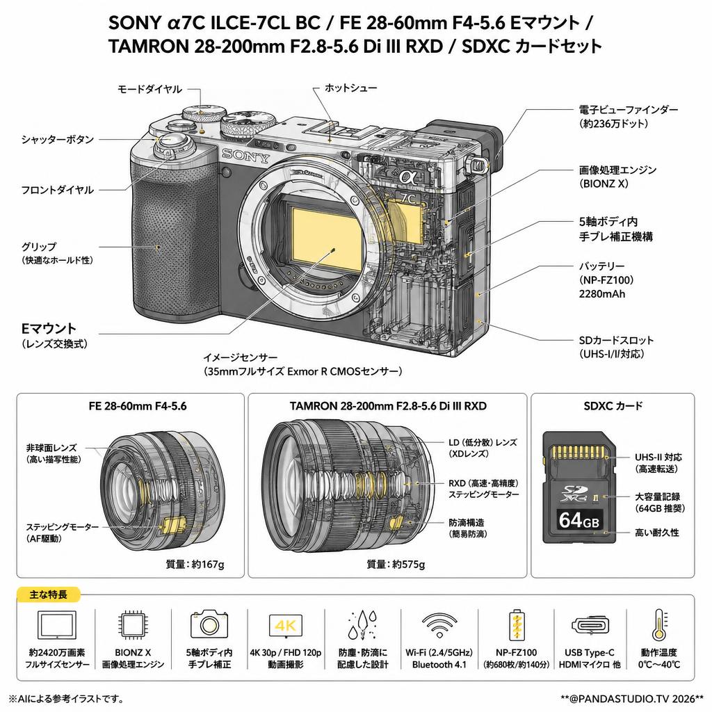 SONY α7C ILCE-7CL BC/ FE 28-60mm F4-5.6 Eマウント / TAMRON 28-200mm F2.8-5.6 Di III RXD / SDXC カードセット スペック