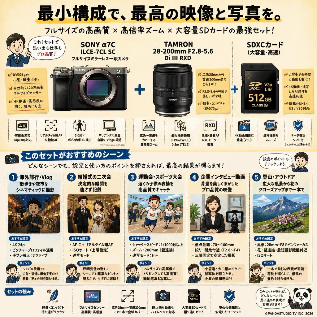 SONY α7C ILCE-7CL SC フルサイズミラーレス一眼カメラ/ TAMRON 28-200mm F2.8-5.6 Di III RXD / SDXC カードセット 用途