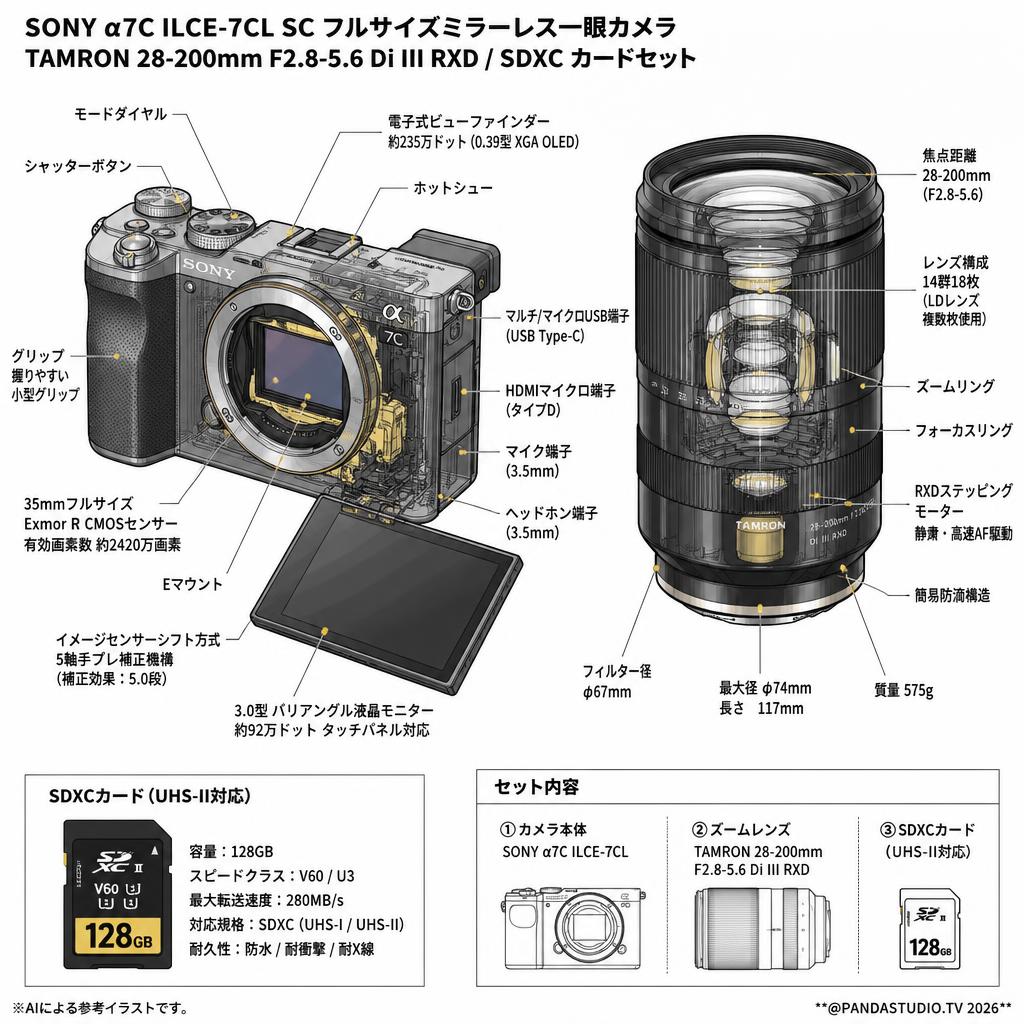 SONY α7C ILCE-7CL SC フルサイズミラーレス一眼カメラ/ TAMRON 28-200mm F2.8-5.6 Di III RXD / SDXC カードセット スペック
