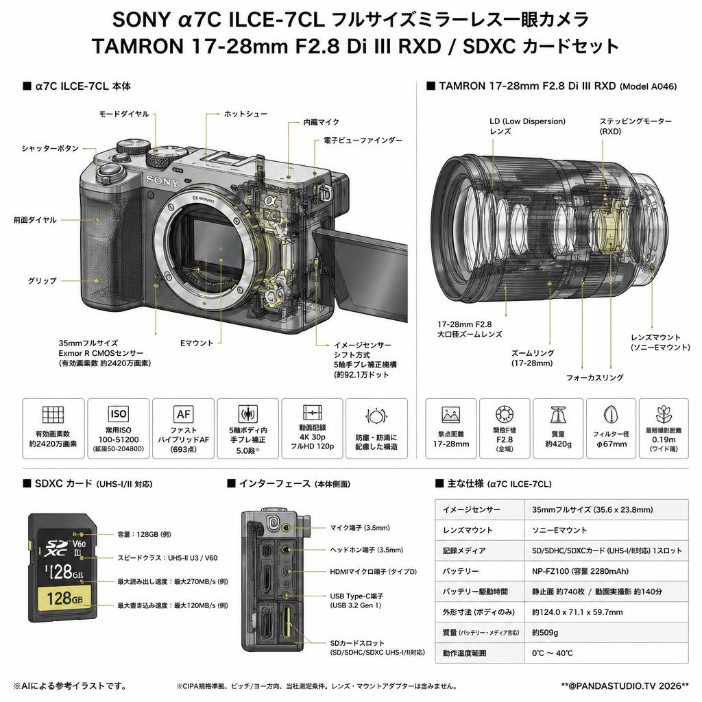SONY α7C ILCE-7CL SC フルサイズミラーレス一眼カメラ / TAMRON 17-28mm F2.8 Di III RXD / SDXC カードセット スペック