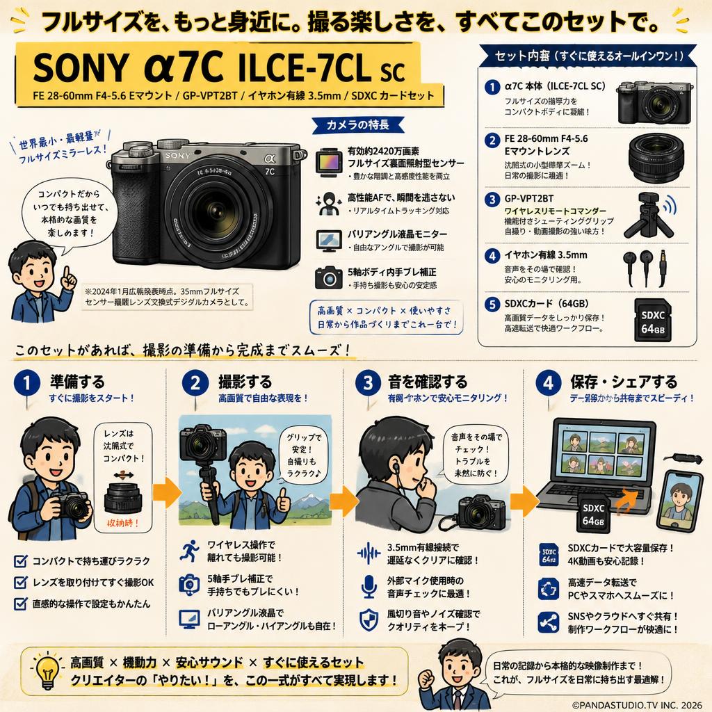 SONY α7C ILCE-7CL SC / FE 28-60mm F4-5.6 Eマウント / GP-VPT2BT / イヤホン有線 3.5mm / SDXC カードセット 概要