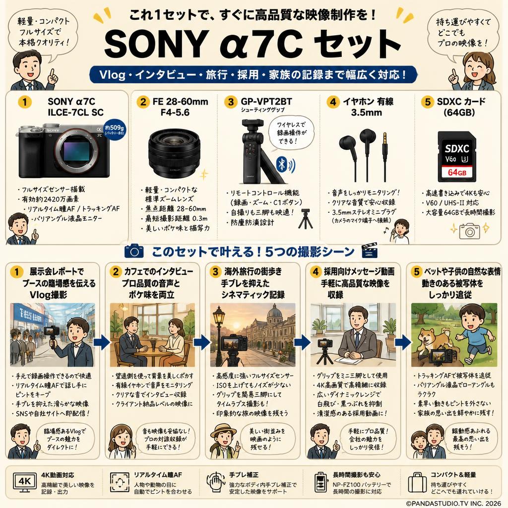 SONY α7C ILCE-7CL SC / FE 28-60mm F4-5.6 Eマウント / GP-VPT2BT / イヤホン有線 3.5mm / SDXC カードセット 用途