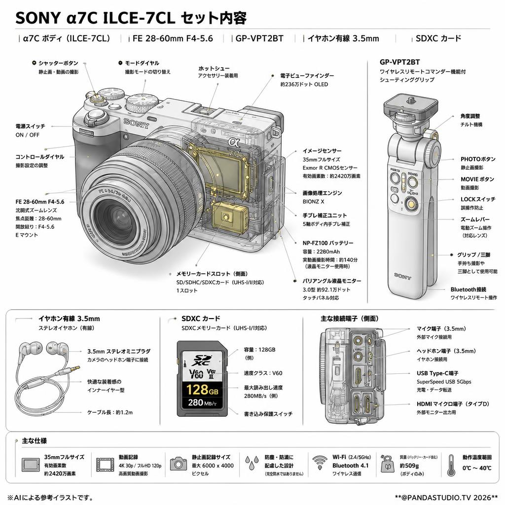 SONY α7C ILCE-7CL SC / FE 28-60mm F4-5.6 Eマウント / GP-VPT2BT / イヤホン有線 3.5mm / SDXC カードセット スペック