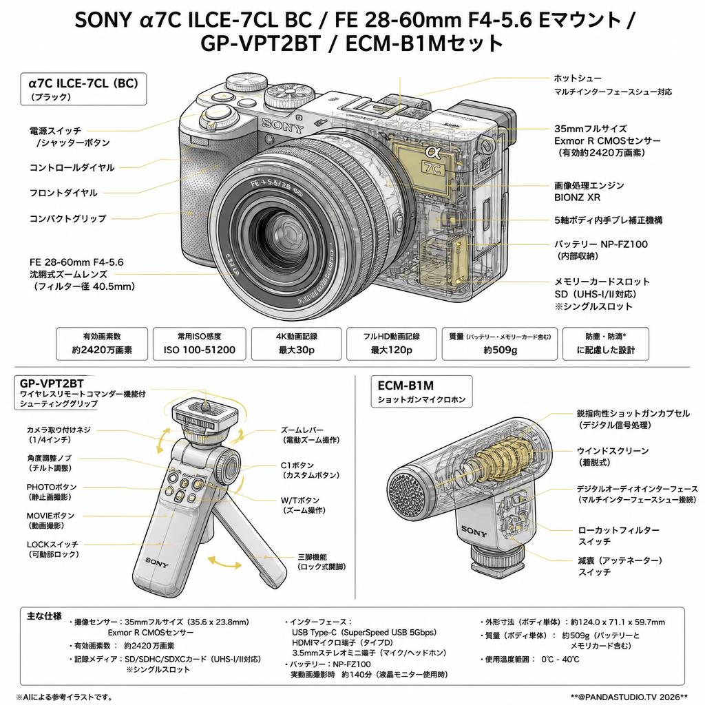 SONY α7C ILCE-7CL BC/FE 28-60mm F4-5.6 Eマウント / GP-VPT2BT / ECM-B1Mセット スペック