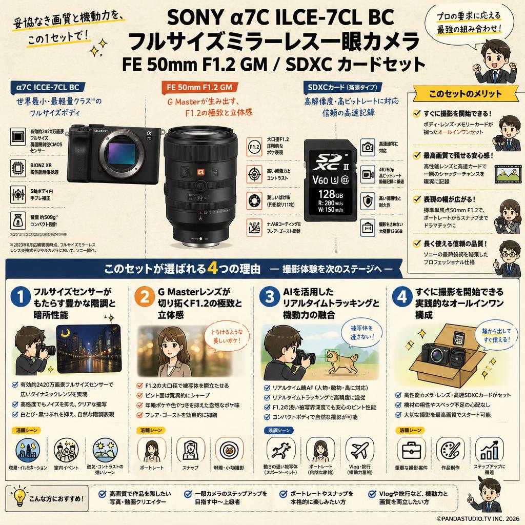 SONY α7C ILCE-7CL BC フルサイズミラーレス一眼カメラ/ FE 50mm F1.2 GM / SDXC カードセット 概要