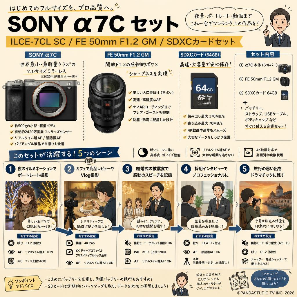 SONY α7C ILCE-7CL SC フルサイズミラーレス一眼カメラ / FE 50mm F1.2 GM / SDXCカードセット 用途
