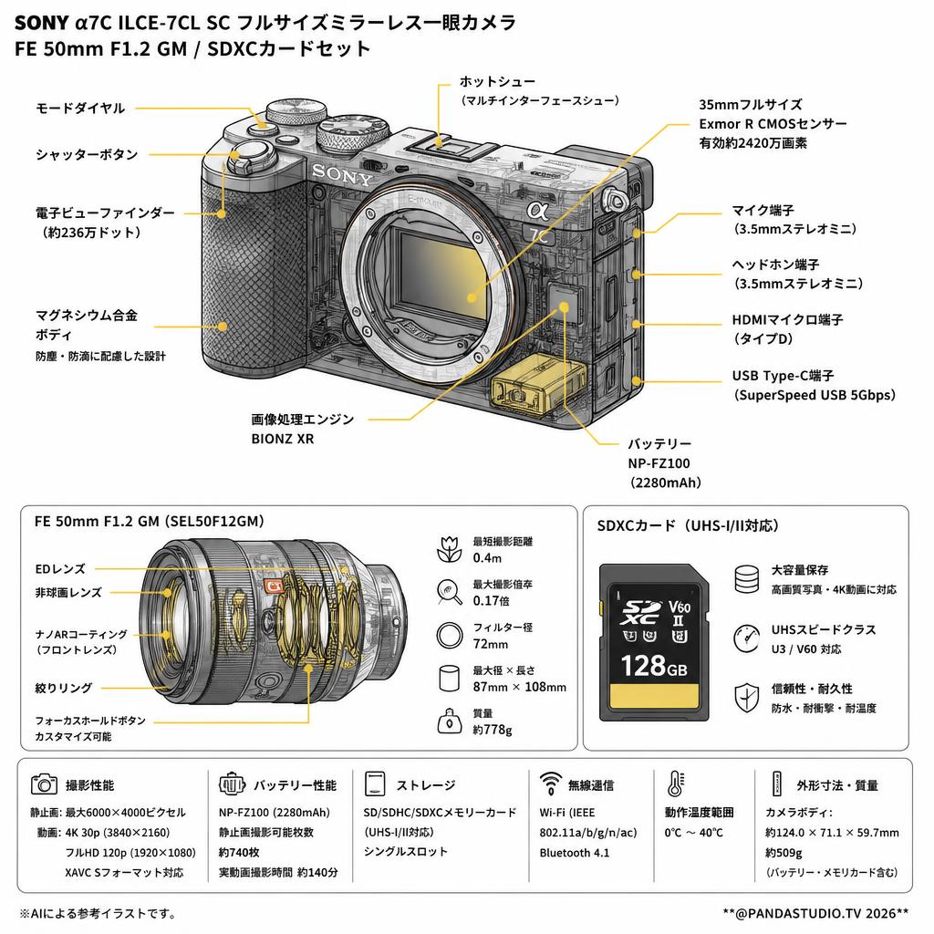 SONY α7C ILCE-7CL SC フルサイズミラーレス一眼カメラ / FE 50mm F1.2 GM / SDXCカードセット スペック