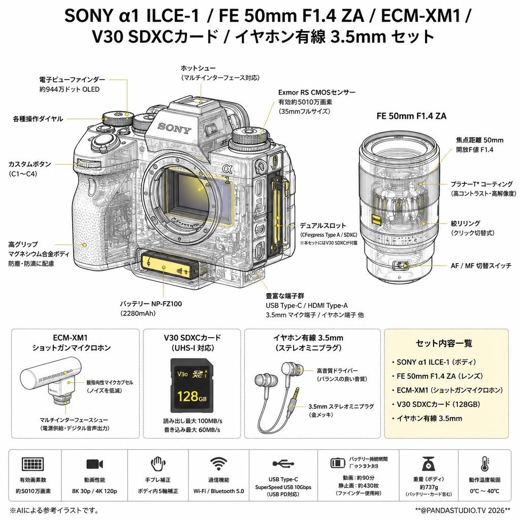 SONY α1 ILCE-1 / FE 50mm F1.4 ZA / ECM-XM1 /  V30 SDXCカード / イヤホン有線 3.5mm セット スペック