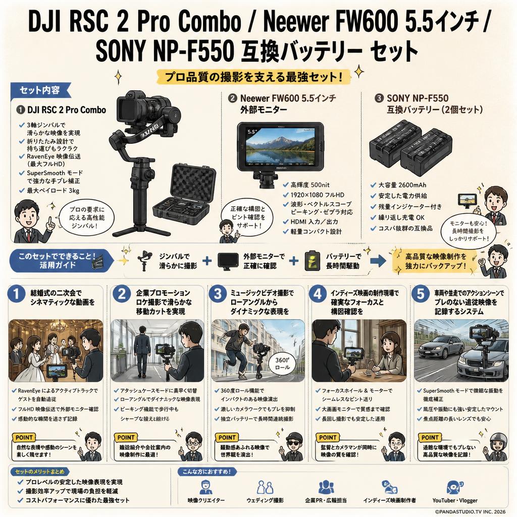 DJI RSC 2 Pro Combo / Neewer FW600 5.5インチ / SONY NP-F550 互換バッテリー セット 用途