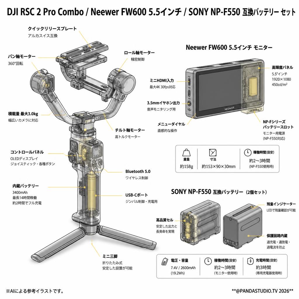 DJI RSC 2 Pro Combo / Neewer FW600 5.5インチ / SONY NP-F550 互換バッテリー セット スペック