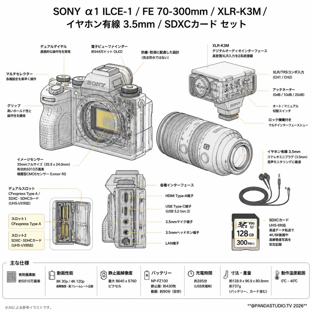 SONY α1 ILCE-1 / FE 70-300mm / XLR-K3M / イヤホン有線 3.5mm / SDXCカード セット スペック