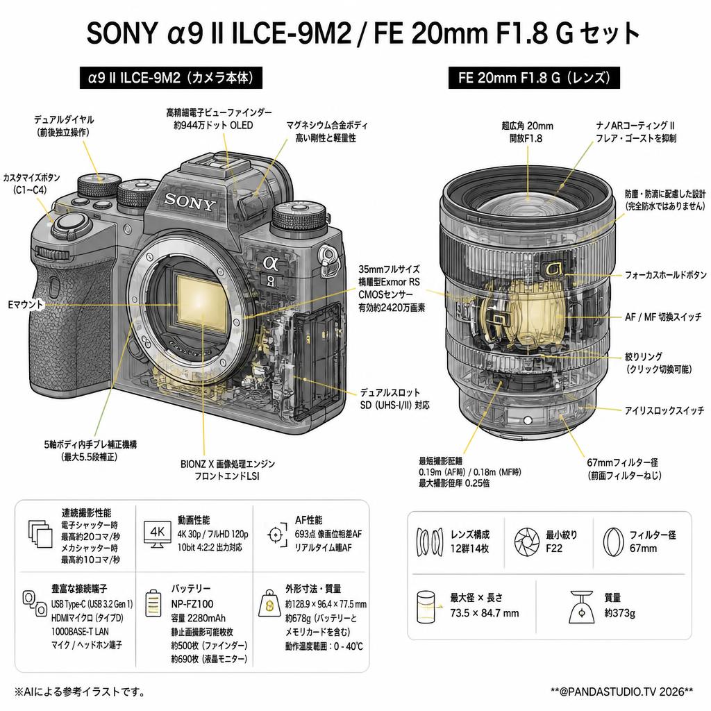 SONY α9 II ILCE-9M2 / FE 20mm F1.8 G セット スペック