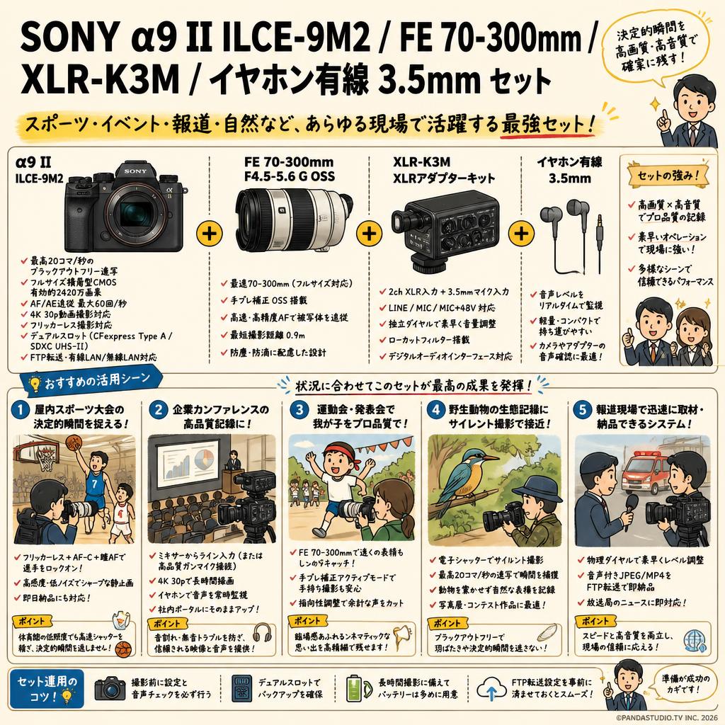 SONY α9 II ILCE-9M2 / FE 70-300mm / XLR-K3M / イヤホン有線 3.5mm セット 用途