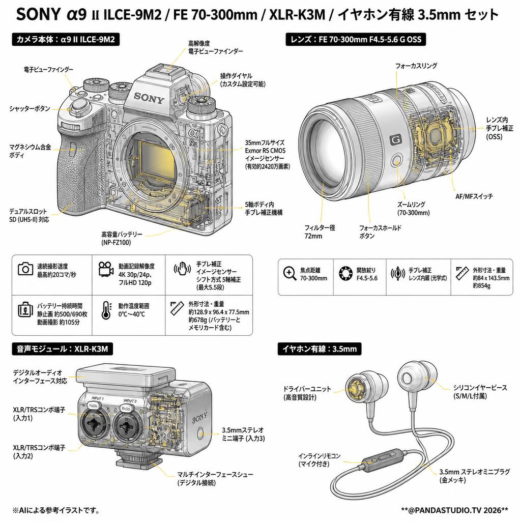 SONY α9 II ILCE-9M2 / FE 70-300mm / XLR-K3M / イヤホン有線 3.5mm セット スペック