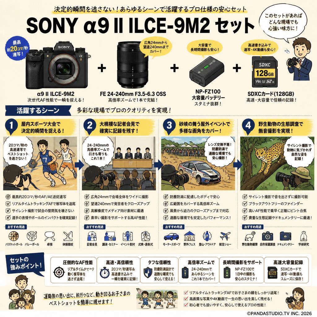 SONY α9 II ILCE-9M2 / FE 24-240mm / NP-FZ100 /  SDXCカード セット 用途