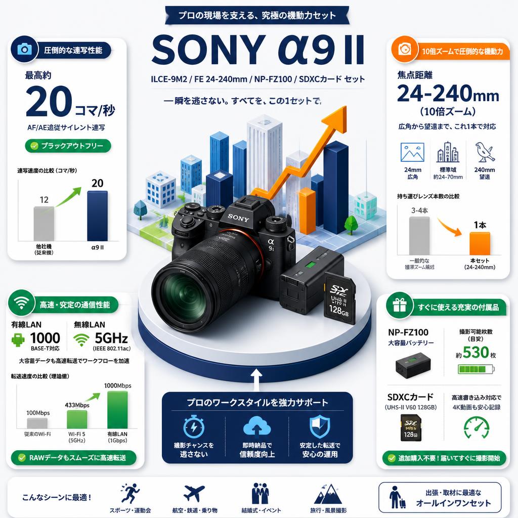 SONY α9 II ILCE-9M2 / FE 24-240mm / NP-FZ100 /  SDXCカード セット セールスポイント