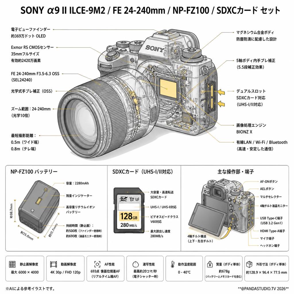 SONY α9 II ILCE-9M2 / FE 24-240mm / NP-FZ100 /  SDXCカード セット スペック