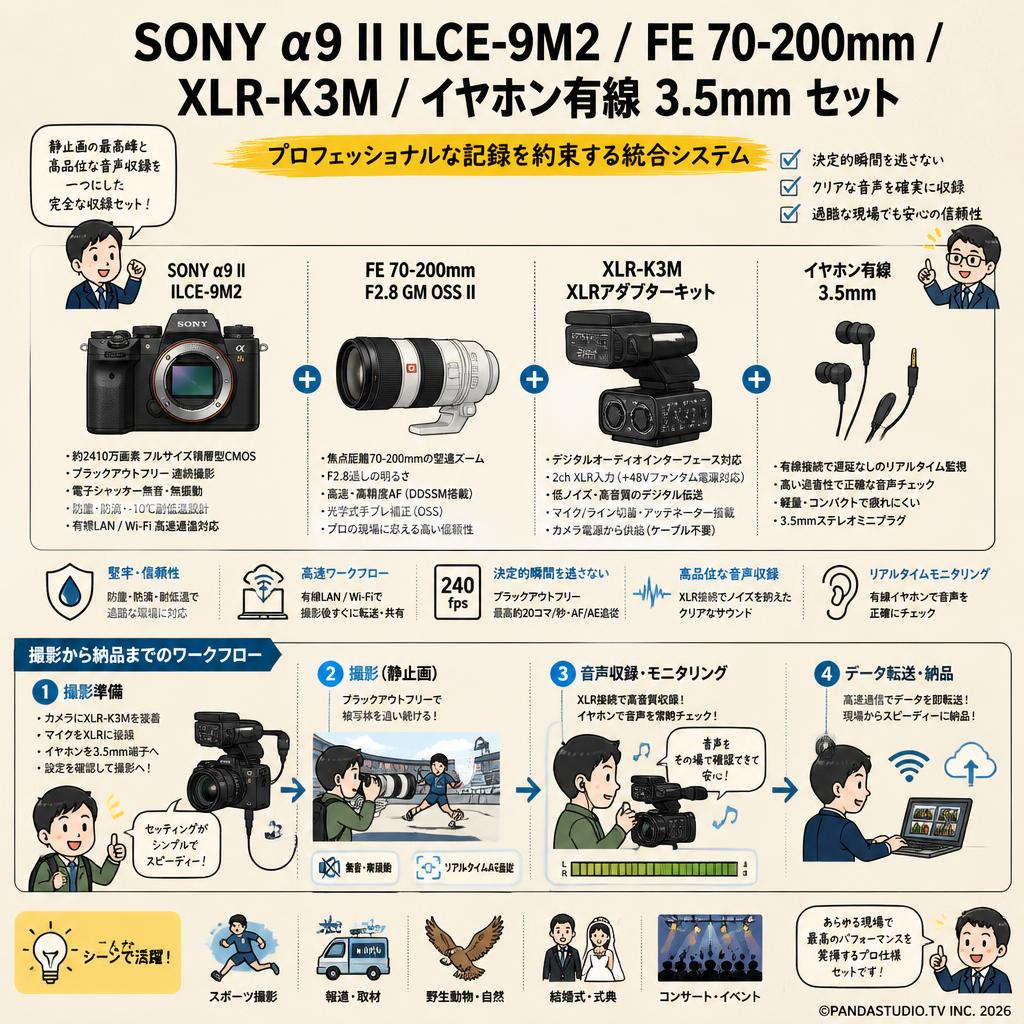 SONY α9 II ILCE-9M2 / FE 70-200mm / XLR-K3M / イヤホン有線 3.5mm セット 概要